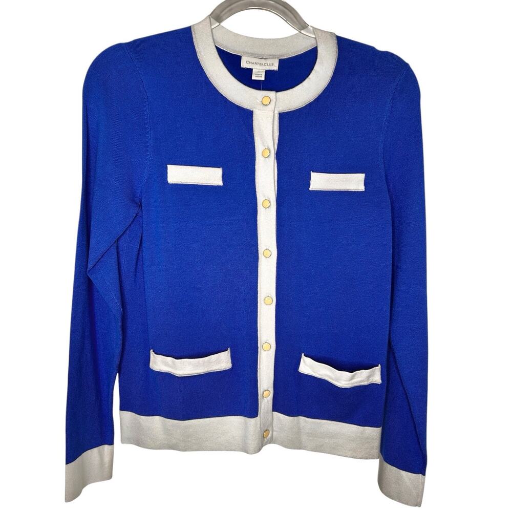 Charter Club Royal Blue White Contrast Trim Colorblock Button Front Cardigan Med